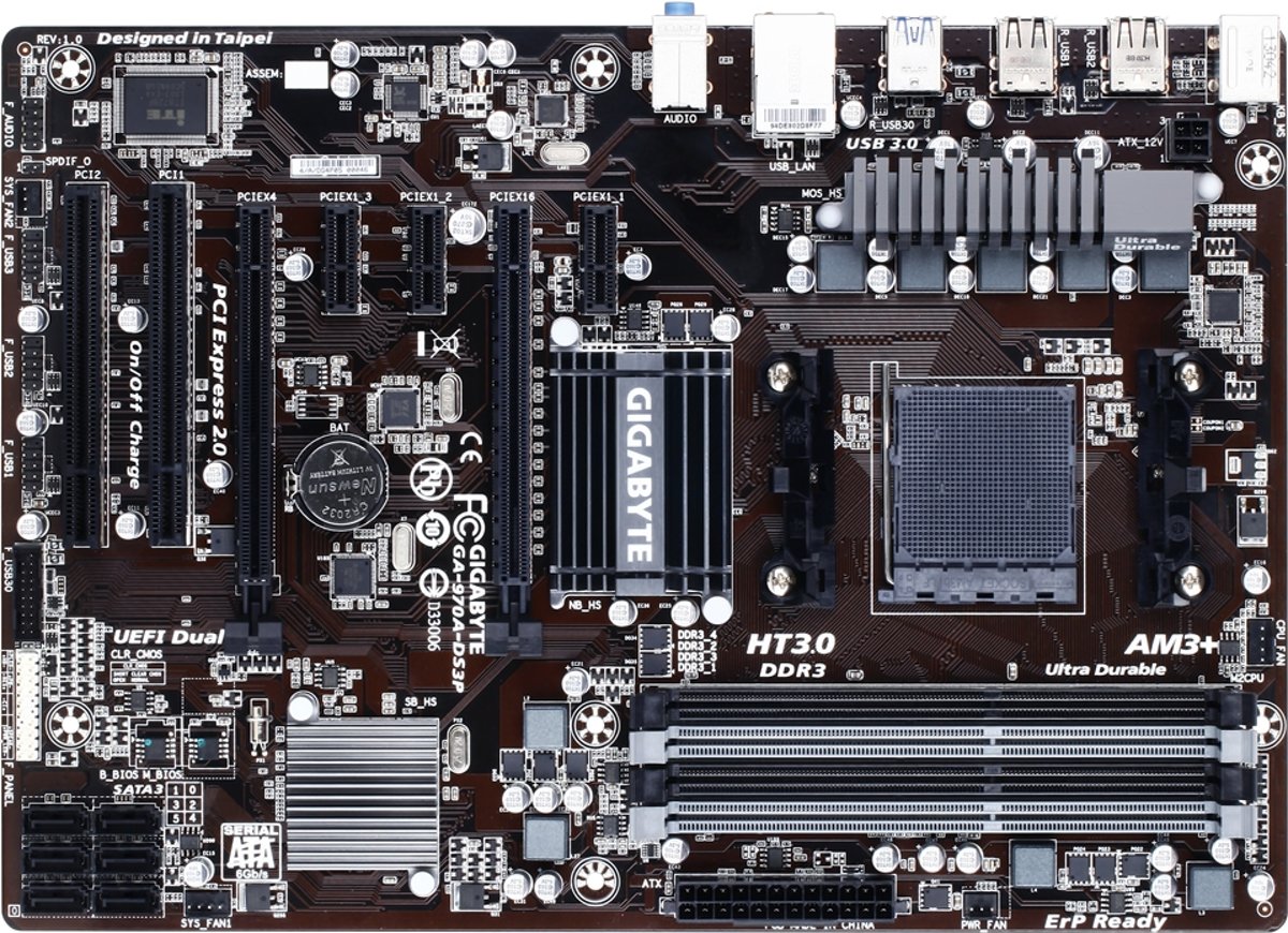 Gigabyte GA-970A-DS3P North Bridge: AMD 970<br/><br/>South Bridge: AMD SB950 Socket AM3+ ATX moederbord